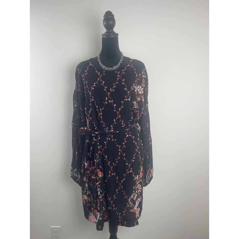 Anthropologie Afreen Worn Kept Embroidered Bird Floral Mini Dress Black US 12